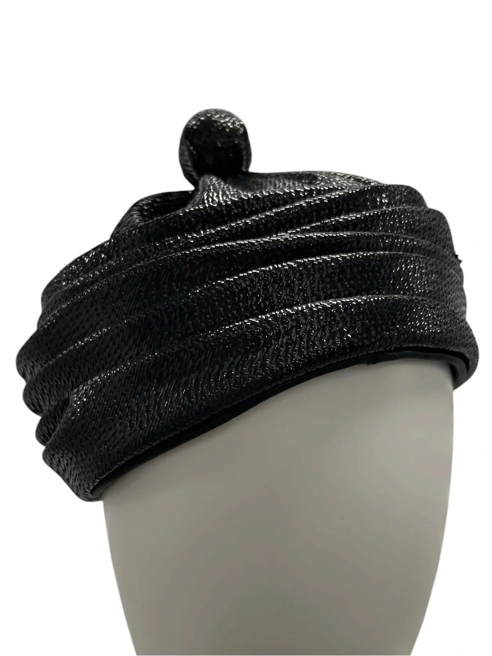 Vintage Black Patent Knit Pom-Pom Turban Hat